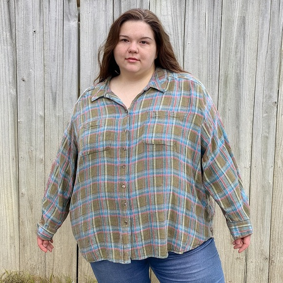 Anthropologie Tops - Anthropologie Green and Blue Plaid Button Down Shirt